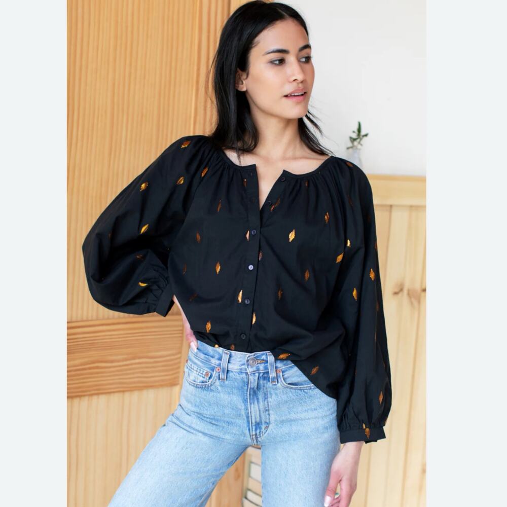 Emerson Fry Frances Black Gold Leaf 100% Cotton Oversized Peasant Blouse XS